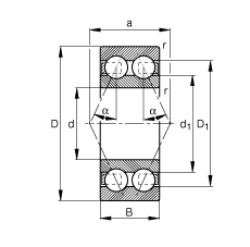角接觸球軸承 30/8-B-TVH, 雙列，接觸角 α = 25°