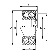 角接觸球軸承 30/8-B-2RSR-TVH, 雙列，雙側(cè)唇密封，接觸角 α = 25°